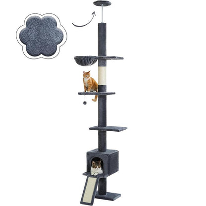 【Pequlti】Adjustable Heigh 83"-109" Cat Tower 5 Layers Cat Tree, Cat Climbing Tree with 1 Hammock, 1 Cat Condo, 1 Sisal Scratching Post Board, 3 Middle Perchs(Green,Pink,Grey,Black)