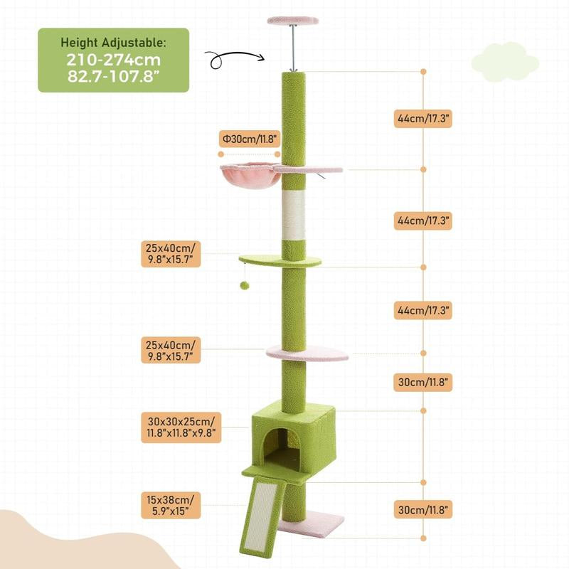 【Pequlti】Adjustable Heigh 83"-109" Cat Tower 5 Layers Cat Tree, Cat Climbing Tree with 1 Hammock, 1 Cat Condo, 1 Sisal Scratching Post Board, 3 Middle Perchs(Green,Pink,Grey,Black)