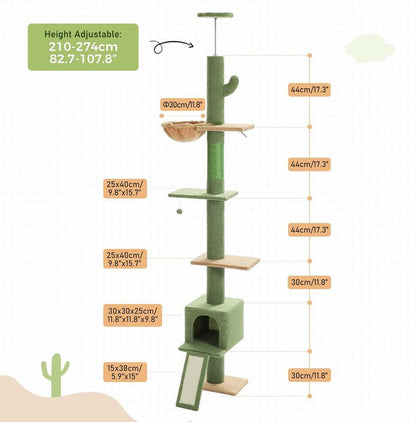 【Pequlti】Adjustable Heigh 83"-109" Cat Tower 5 Layers Cat Tree, Cat Climbing Tree with 1 Hammock, 1 Cat Condo, 1 Sisal Scratching Post Board, 3 Middle Perchs(Green,Pink,Grey,Black)