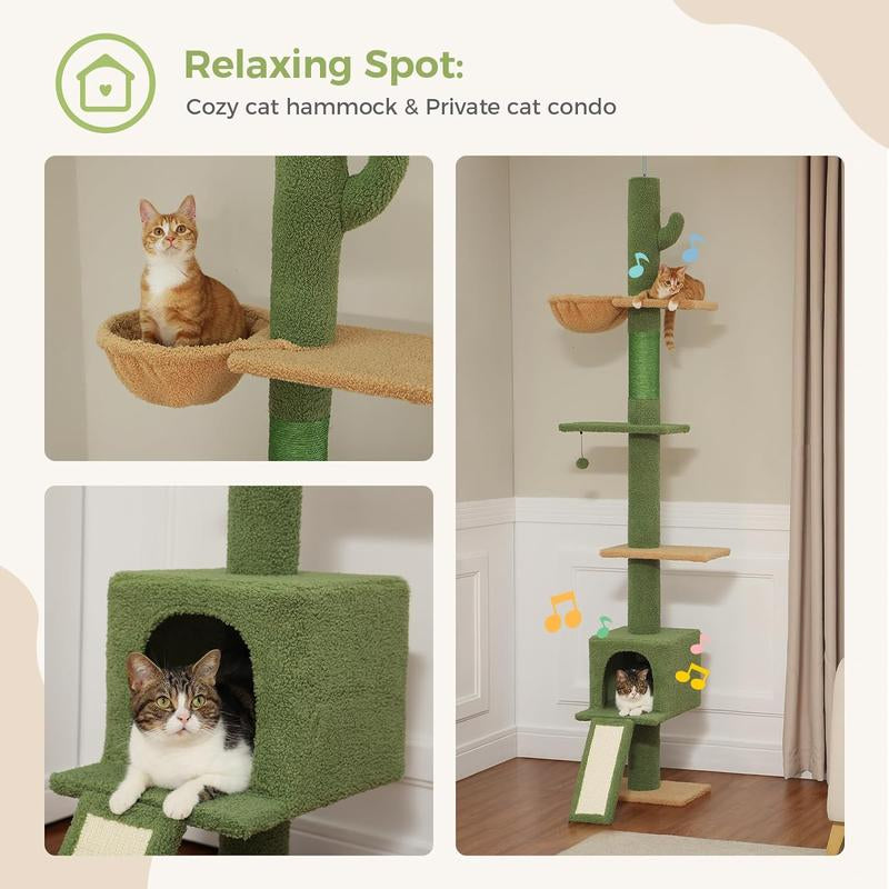 【Pequlti】Adjustable Heigh 83"-109" Cat Tower 5 Layers Cat Tree, Cat Climbing Tree with 1 Hammock, 1 Cat Condo, 1 Sisal Scratching Post Board, 3 Middle Perchs(Green,Pink,Grey,Black)