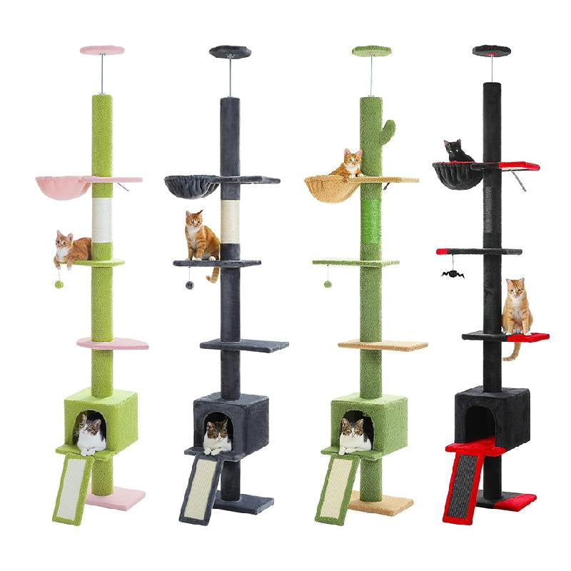 【Pequlti】Adjustable Heigh 83"-109" Cat Tower 5 Layers Cat Tree, Cat Climbing Tree with 1 Hammock, 1 Cat Condo, 1 Sisal Scratching Post Board, 3 Middle Perchs(Green,Pink,Grey,Black)