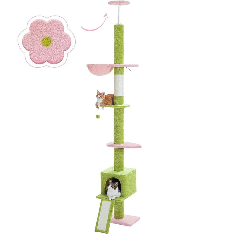 【Pequlti】Adjustable Heigh 83"-109" Cat Tower 5 Layers Cat Tree, Cat Climbing Tree with 1 Hammock, 1 Cat Condo, 1 Sisal Scratching Post Board, 3 Middle Perchs(Green,Pink,Grey,Black)