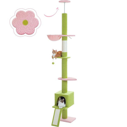 【Pequlti】Adjustable Heigh 83"-109" Cat Tower 5 Layers Cat Tree, Cat Climbing Tree with 1 Hammock, 1 Cat Condo, 1 Sisal Scratching Post Board, 3 Middle Perchs(Green,Pink,Grey,Black)