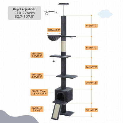 【Pequlti】Adjustable Heigh 83"-109" Cat Tower 5 Layers Cat Tree, Cat Climbing Tree with 1 Hammock, 1 Cat Condo, 1 Sisal Scratching Post Board, 3 Middle Perchs(Green,Pink,Grey,Black)