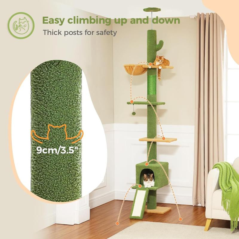 【Pequlti】Adjustable Heigh 83"-109" Cat Tower 5 Layers Cat Tree, Cat Climbing Tree with 1 Hammock, 1 Cat Condo, 1 Sisal Scratching Post Board, 3 Middle Perchs(Green,Pink,Grey,Black)