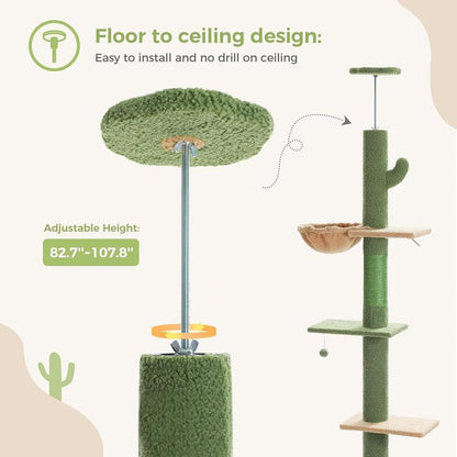 【Pequlti】Adjustable Heigh 83"-109" Cat Tower 5 Layers Cat Tree, Cat Climbing Tree with 1 Hammock, 1 Cat Condo, 1 Sisal Scratching Post Board, 3 Middle Perchs(Green,Pink,Grey,Black)